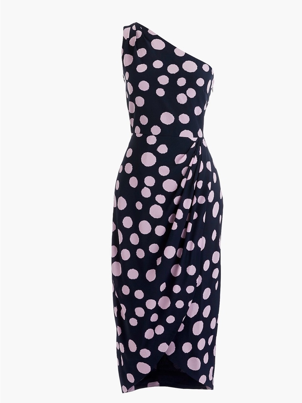 J. Crew 100% silk one-Shoulder Navy and Light Pink Polka Dot Midi Dress, size 16